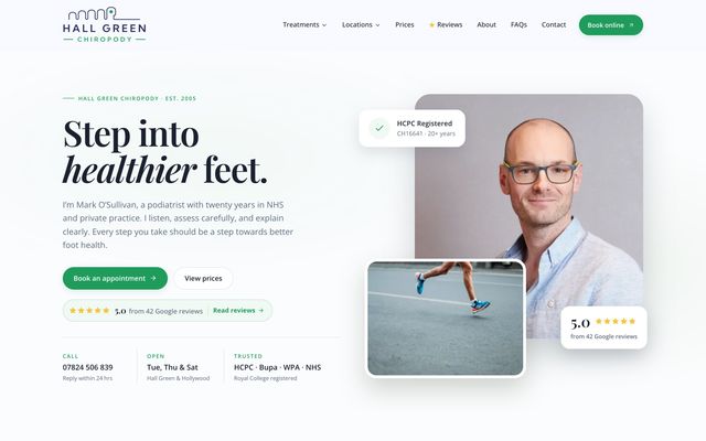 The Hall Green Chiropody homepage on a desktop screen: the headline "Step into healthier feet", a booking button, a 5.0 Google reviews badge and a photo of the podiatrist