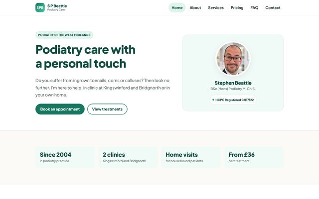 The S P Beattie Podiatry homepage on a desktop screen: the headline "Podiatry care with a personal touch", booking buttons and a profile card for Stephen Beattie
